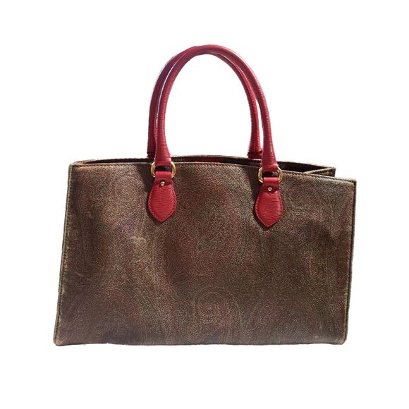 Etro (Authentic) Paisley Print Coated Canvas & Coral Pink Leather Large Bag VGUC - Picture 2 of 12